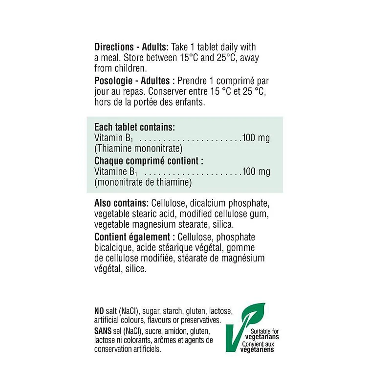Jamieson Vitamin B1 Thiamine 100 mg Tablets, 100 tablets