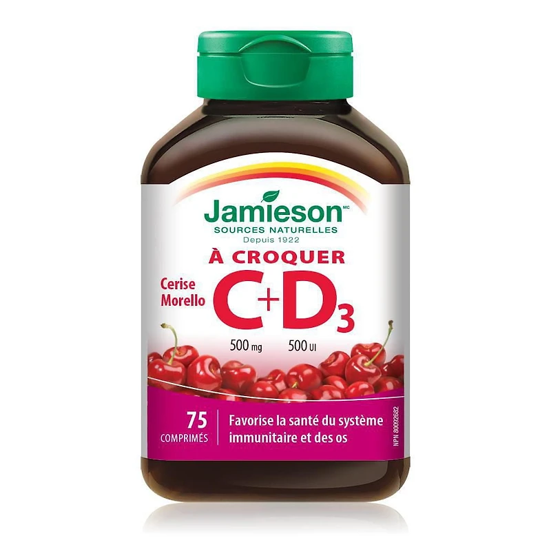 Jamieson Chewable Vitamin C 500 mg and Vitamin D3 500 IU Morello Cherry Flavour Tablets