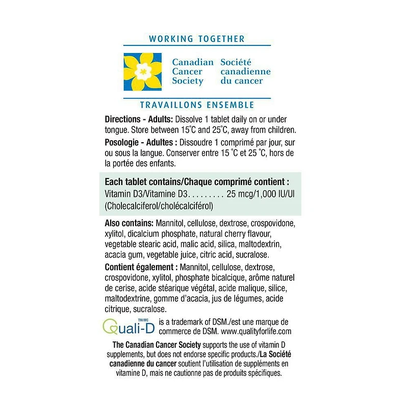 Jamieson Vitamine D3 1 000 UI à Dissolution Rapide - Cerise 150 comprimés sublinguaux