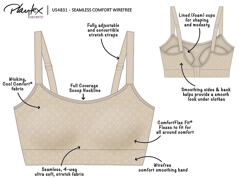 Playtex Seamless Comfort Wireless Bra, Sizes: S- 3XL
