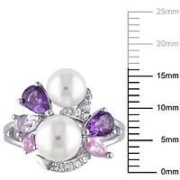 Tangelo White Cultured Freshwater Pearl and 1.38 Carat T.G.W. Multi-Gemstone Sterling Silver Cocktail Ring