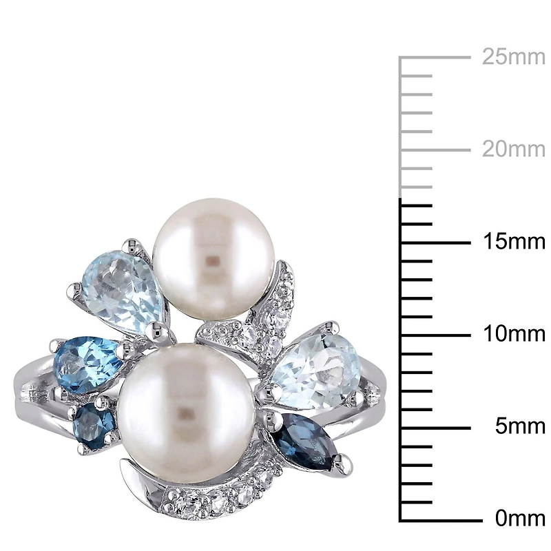 Tangelo White Cultured Freshwater Pearl And 1.75 Carat T.G.W. Created White Sapphire with Blue Topaz Sterling Silver Cocktail Ring