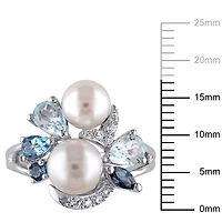 Tangelo White Cultured Freshwater Pearl And 1.75 Carat T.G.W. Created White Sapphire with Blue Topaz Sterling Silver Cocktail Ring