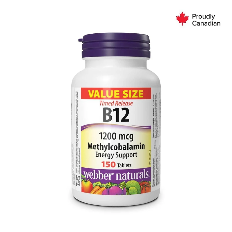 Webber Naturals Timed-Release Vitamin B12 Methylcobalamin 1200 mcg, Helps form red blood cells, 150 Tablets