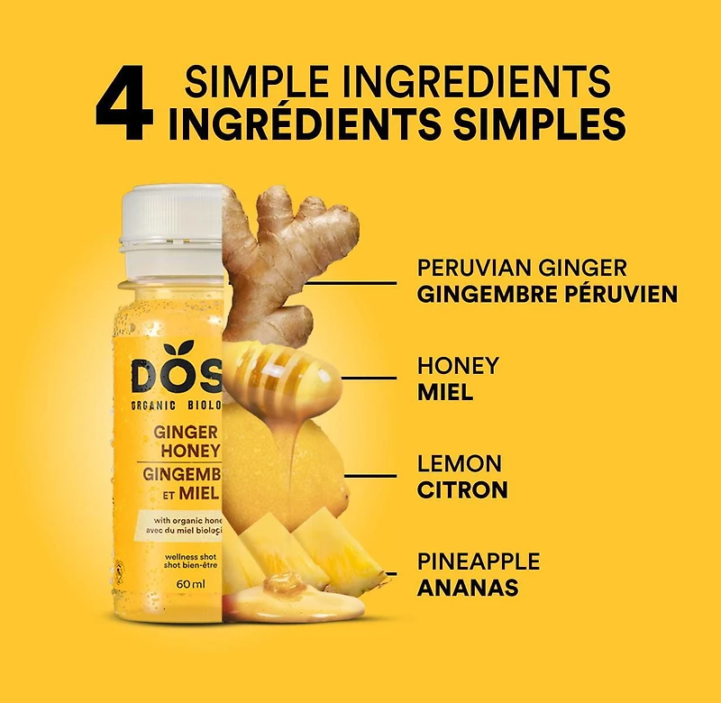 DOSE Organic Ginger and Honey shots, 4x60mL