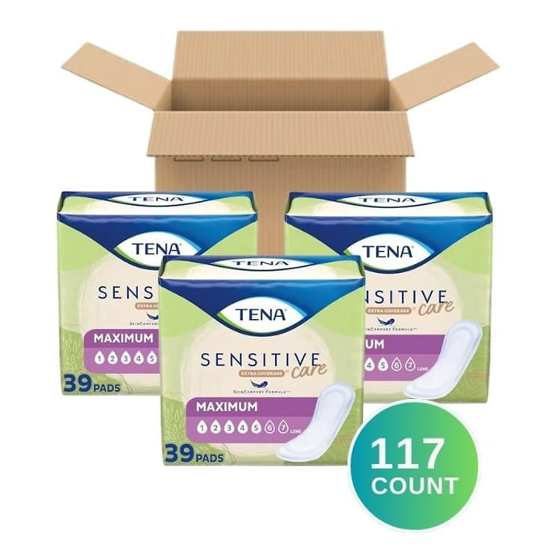 TENA Sensitive Care Incontinence Pads for Women, Extra Coverage, Maximum Absorbency, Long Pads 117 Count.