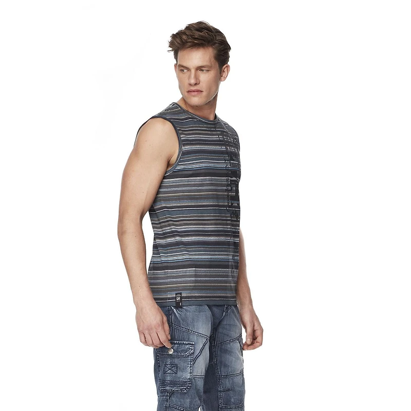 Dark Black Men's Striped Graphic Print Tank Top