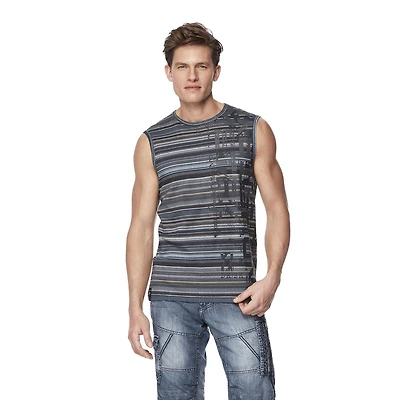 Dark Black Men's Striped Graphic Print Tank Top