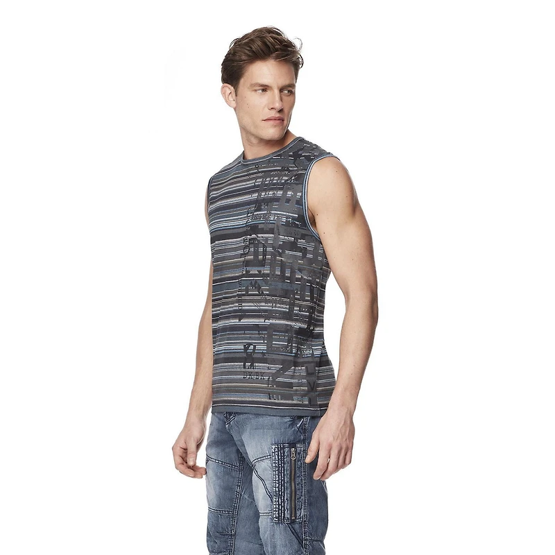 Dark Black Men's Striped Graphic Print Tank Top