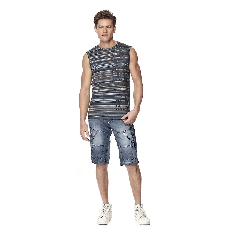 Dark Black Men's Striped Graphic Print Tank Top