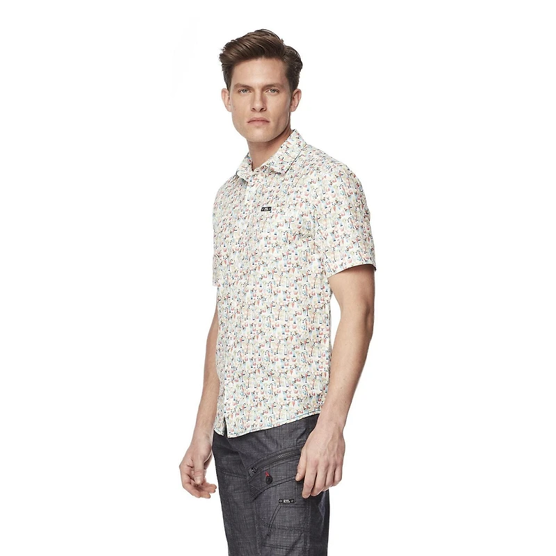 Dark Black Men's Short-Sleeve Patterned Button-Down Shirt