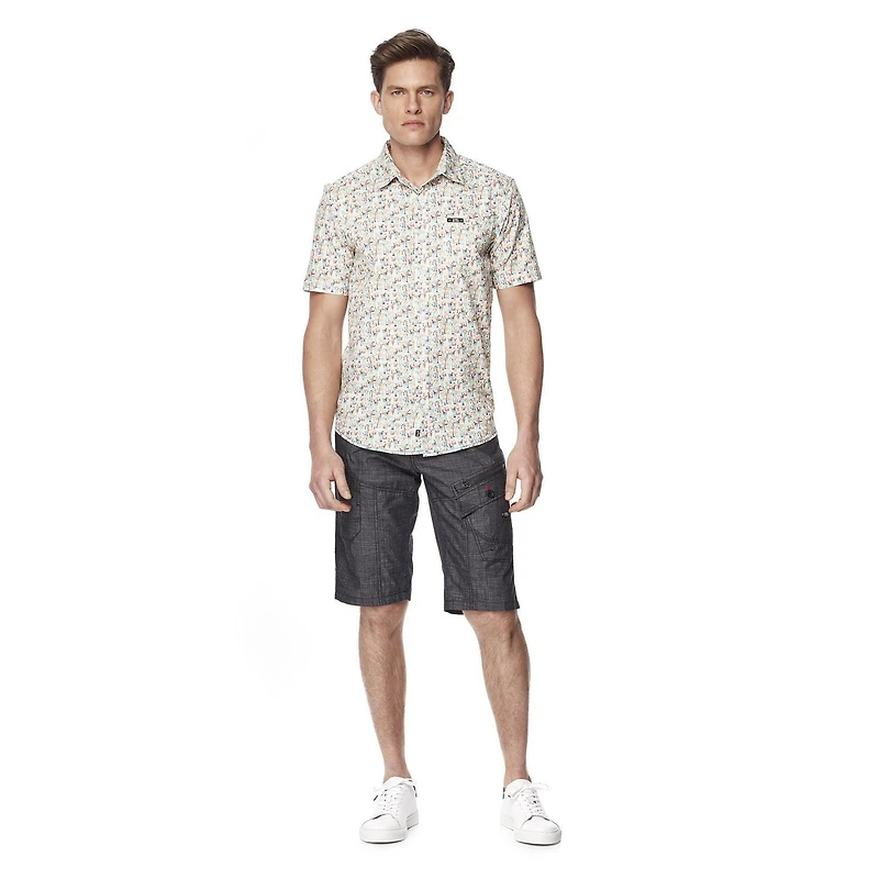 Dark Black Men's Short-Sleeve Patterned Button-Down Shirt