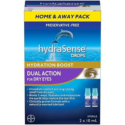 Gouttes oculaires hydraSense Double action, pour yeux secs, sans agent de conservation, préparation à double action éprouvée en clinique, lubrifiant de source naturelle, contient des phospholipides