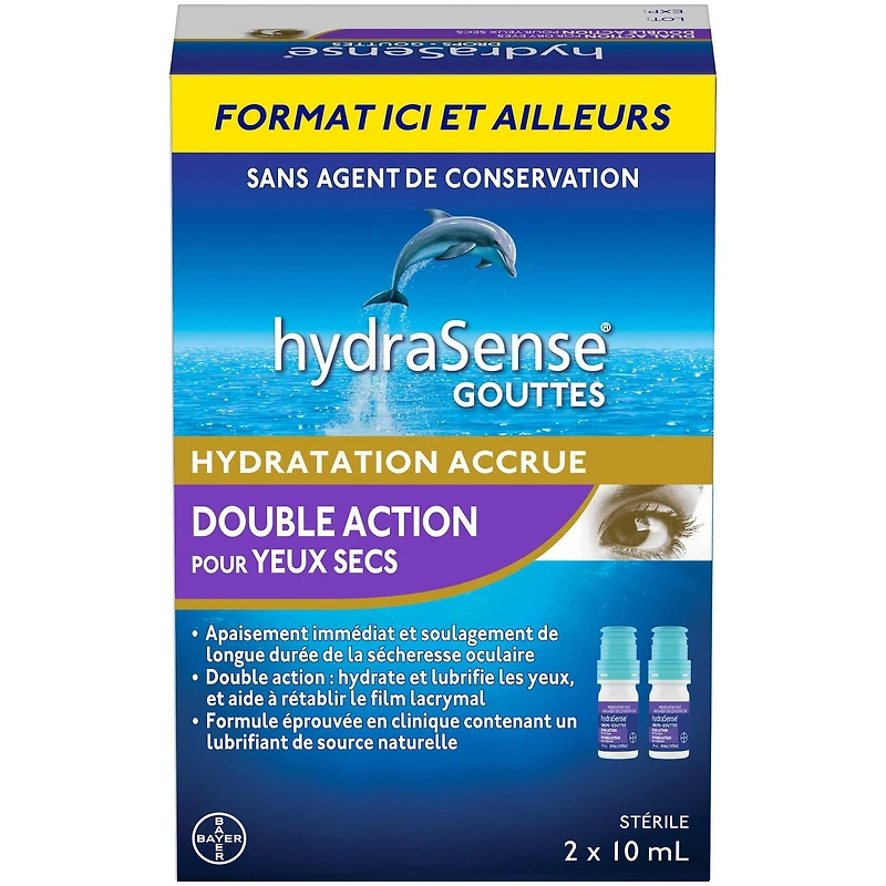 Gouttes oculaires hydraSense Double action, pour yeux secs, sans agent de conservation, préparation à double action éprouvée en clinique, lubrifiant de source naturelle, contient des phospholipides