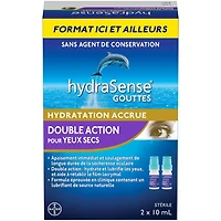 Gouttes oculaires hydraSense Double action, pour yeux secs, sans agent de conservation, préparation à double action éprouvée en clinique, lubrifiant de source naturelle, contient des phospholipides