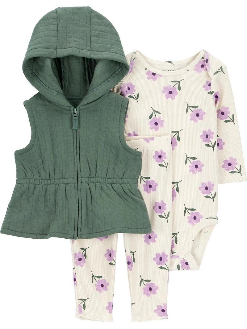 Carter's Child of Mine Baby Girls' Vest Set - Olive and Purple Floral, Sizes: Preemie 24 Months