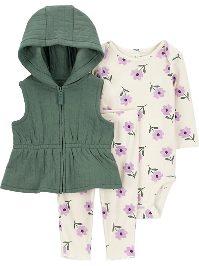Carter's Child of Mine Baby Girls' Vest Set - Olive and Purple Floral, Sizes: Preemie 24 Months