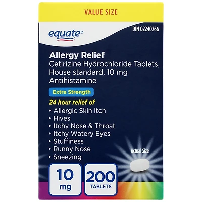 Soulagement des allergies, Comprimés de cétirizine, 10 mg, Extra fort Equate