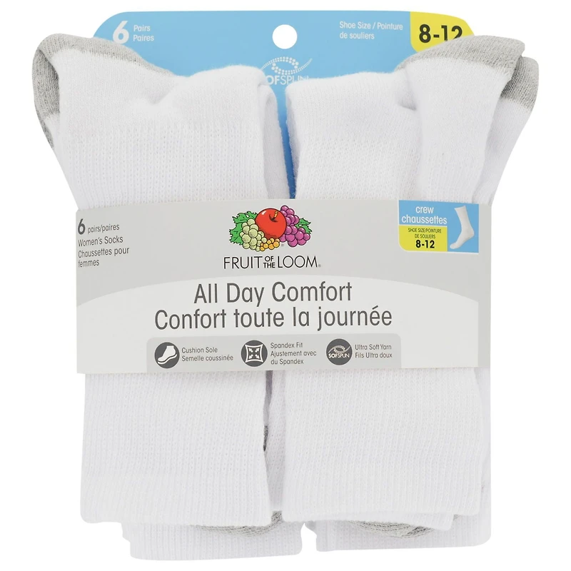 Fruit of the Loom Ladies Crew Socks - 6 Pairs, Available in sizes 4-10