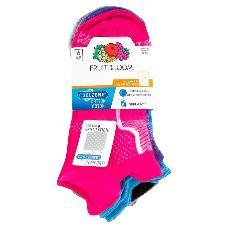 Fruit of the Loom - Ladies 6 pack CoolZone Cotton Flat Knit No Show Tab, Ladies 6 pack - No Show Tab