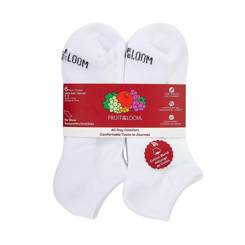 Fruit of the Loom All Day Comfort Cotton Blend No Show Socks for Men, Sizes 6-12 (6 Pack)