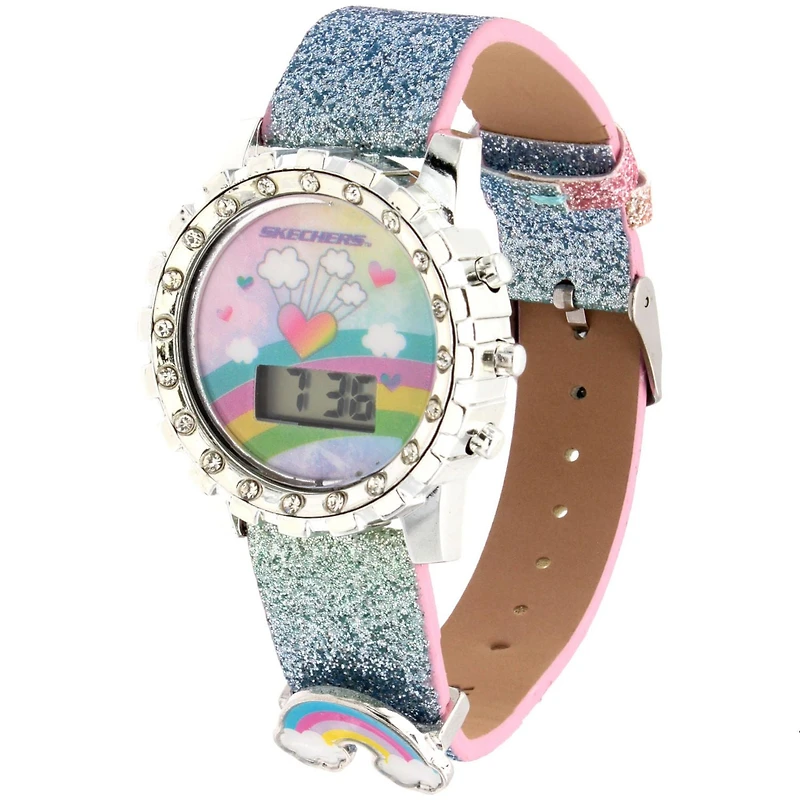 Skechers Girls' Glitter Rainbow Digital Watch – Silver Bezel with Charm, Kids LED Watch