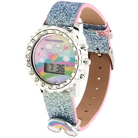 Skechers Girls' Glitter Rainbow Digital Watch – Silver Bezel with Charm, Kids LED Watch