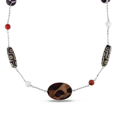 Tangelo White and Zebra Agate, Carnelian Gemstone and Leopard Beaded Strand Necklace, 30"