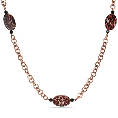 Tangelo Leopard and Onyx Beaded Link Necklace, 32"