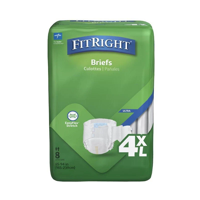 FitRight Cloth-Like Bariatric Briefs, 4XL For Waist Size 65"-94", Bag of 8