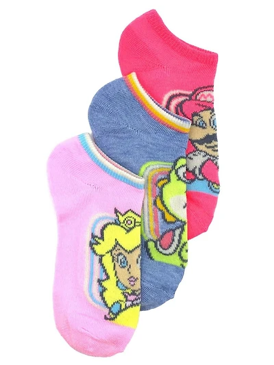 Super Mario Girls' Lowcut Socks, 3 Pack, Sizes 13-4