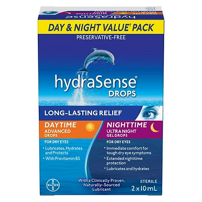 hydraSense Eye Drops Day and Night Pack, For Dry Eyes, Preservative Free, Naturally Sourced Lubricant, Twin Pack (2 x 10 mL), 20 mL