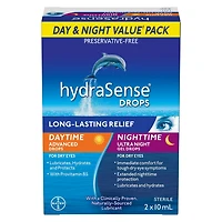 hydraSense Eye Drops Day and Night Pack, For Dry Eyes, Preservative Free, Naturally Sourced Lubricant, Twin Pack (2 x 10 mL), 20 mL