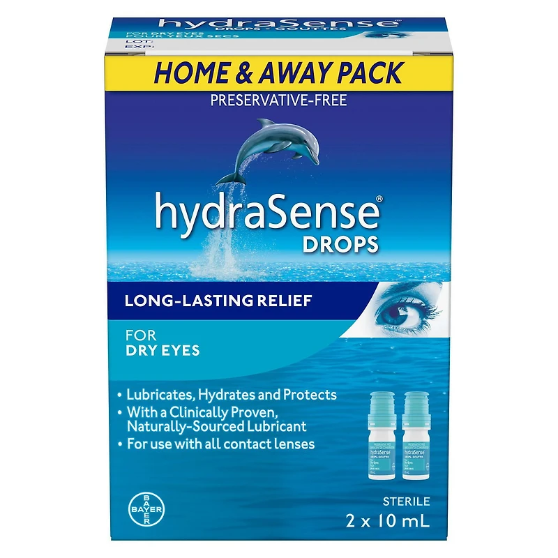 HydraSense Gouttes oculaires pour les yeux secs, soulagement rapide et durable, sans conservateur, lubrifiant d'origine naturelle, lot de 2 2 x 10mL