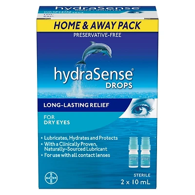 HydraSense Gouttes oculaires pour les yeux secs, soulagement rapide et durable, sans conservateur, lubrifiant d'origine naturelle, lot de 2 2 x 10mL
