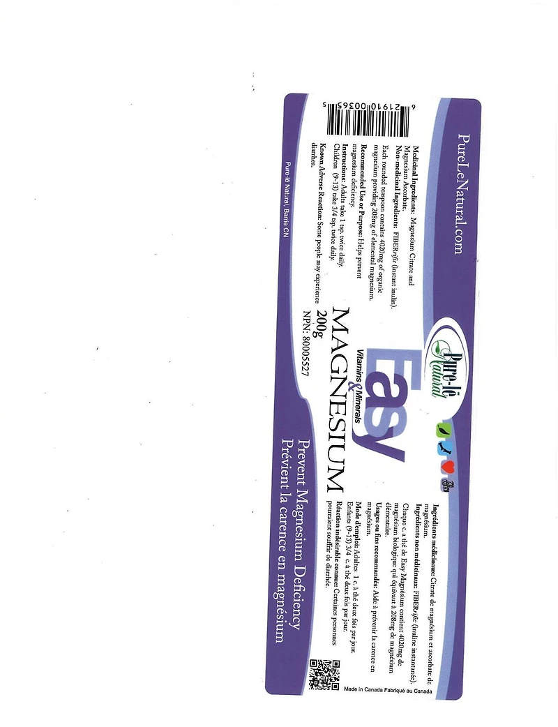 Poudre de magnésium Easy Vitamins & Minerals Natural de Pure-lē