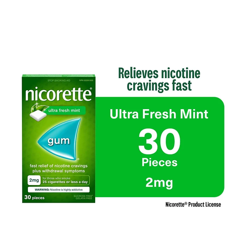 Nicorette Gomme à 2 mg de nicotine, saveur de menthe ultra fraîche, aide antitabagique, aide pour cesser de fumer 30 morceaux
