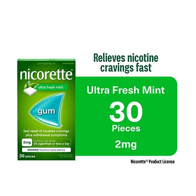 Nicorette Gomme à 2 mg de nicotine, saveur de menthe ultra fraîche, aide antitabagique, aide pour cesser de fumer 30 morceaux