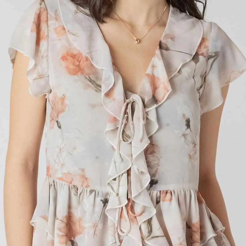Devoted Flowy floral ruffled short sleeve blouse