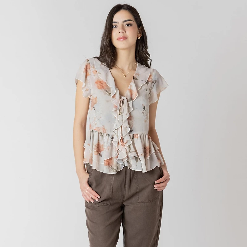 Devoted Flowy floral ruffled short sleeve blouse