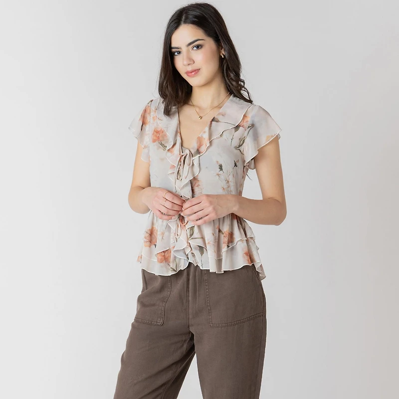 Devoted Flowy floral ruffled short sleeve blouse