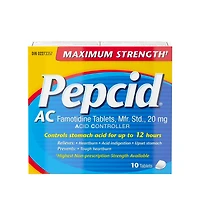 Médicament Pepcid AC Concentration maximale qui agit toute la journée contre l'indigestion acide, avec 20 mg de famotidine; acidoréducteur à action rapide qui prévient et soulage les brûlures d’estomac, format voyage de 10 comprimés 10 comprimés