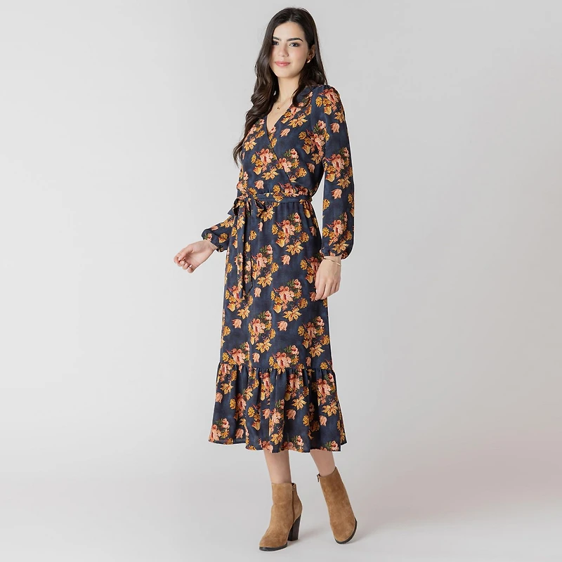 Devoted Long sleeve midi dress with feminine floral print