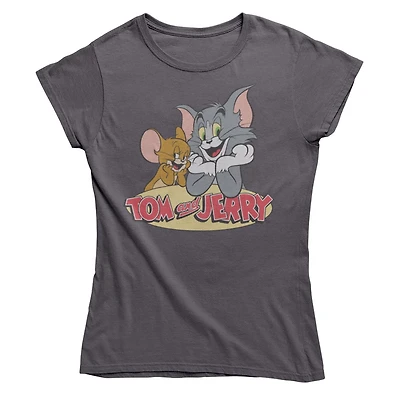Tom and Jerry Ladies Tee shirt. This ladie's short sleeve fitted tee shirt is the perfect casual look to wear with your favorite bottoms and