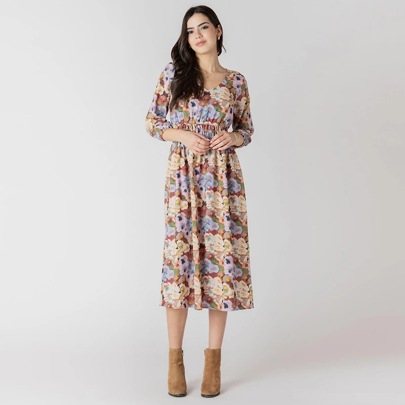 Devoted Floral midi dress with three quarter length sleeves