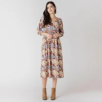Devoted Floral midi dress with three quarter length sleeves