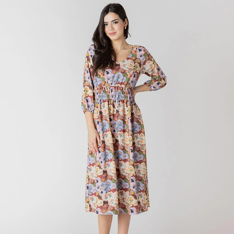 Devoted Floral midi dress with three quarter length sleeves