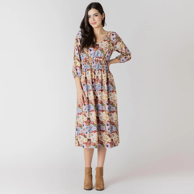 Devoted Floral midi dress with three quarter length sleeves