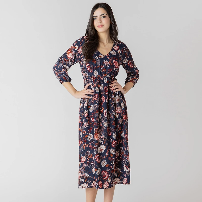 Devoted Robe midi florale à manches trois quarts
