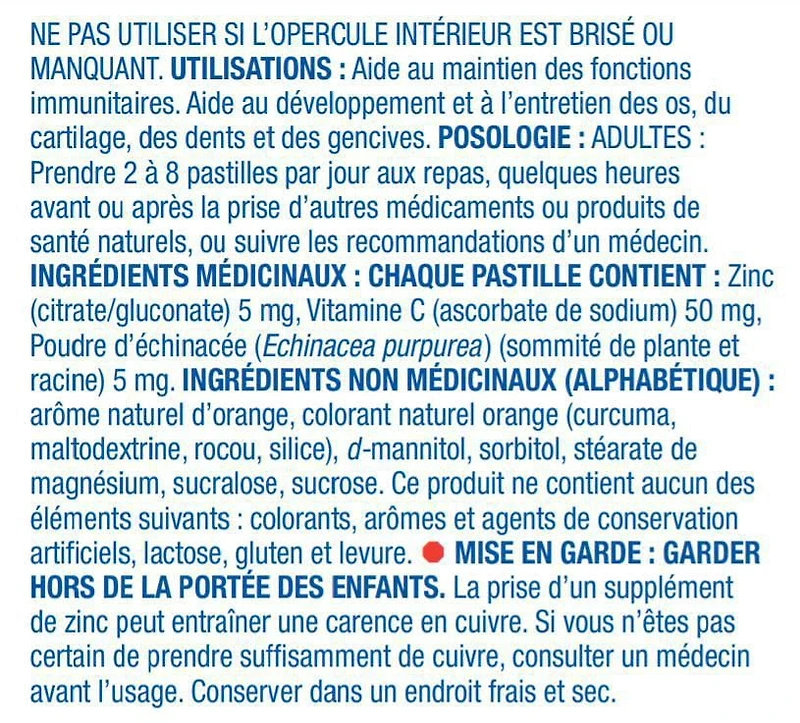 Pastilles de zinc avec vitamin C et èchinacèe 60 pastilles